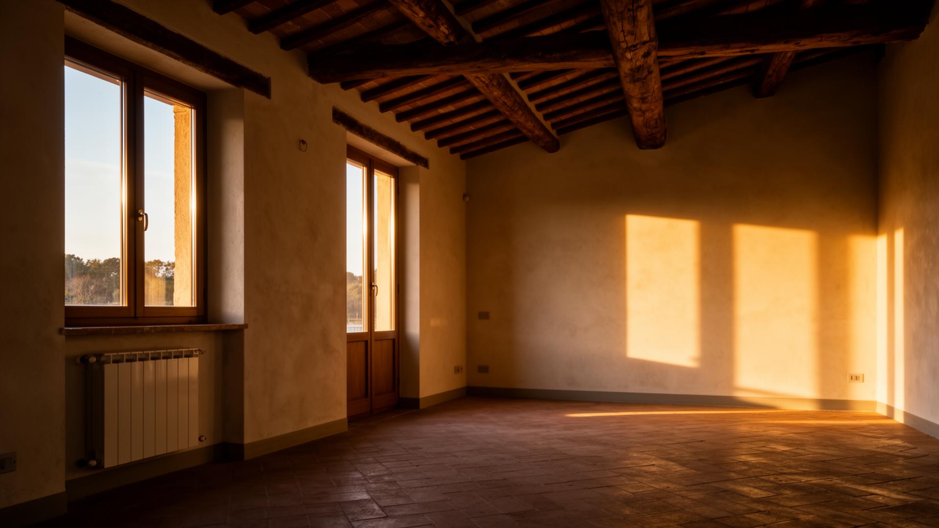 Interno di una casa ristrutturata, luce di taglio al tramonto